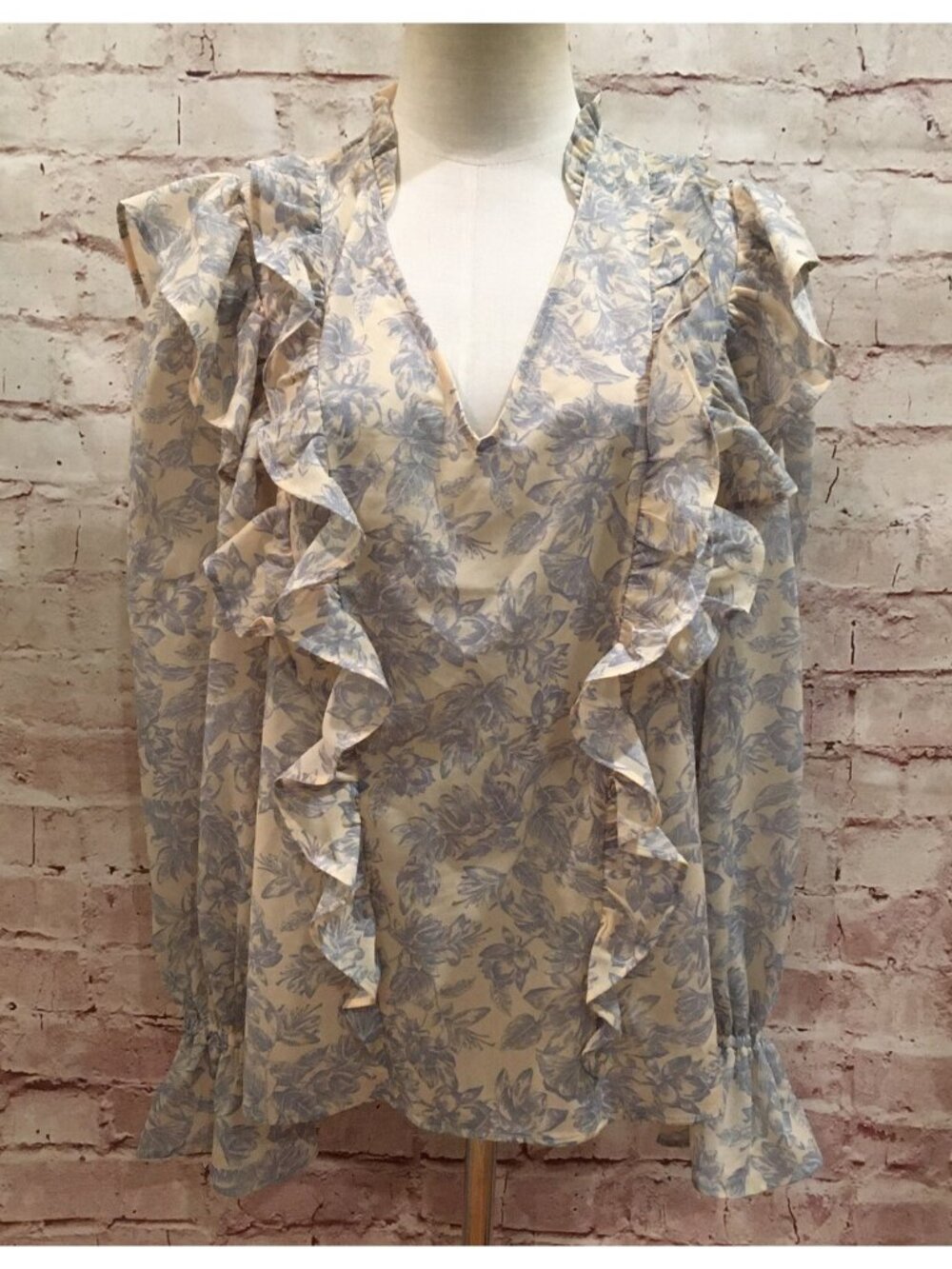 EXPRESS Beige Blue Floral Ruffle Sheer Blouse Romantic Cottage Core Size S NEW